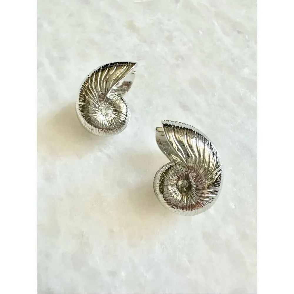 Silver snail seashell front and back earrings